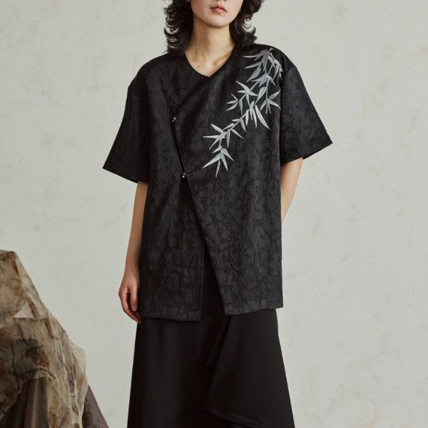 バンブー刺繡アシンメトリージャガード織5分袖シャツ WMD3433 - WAMODA