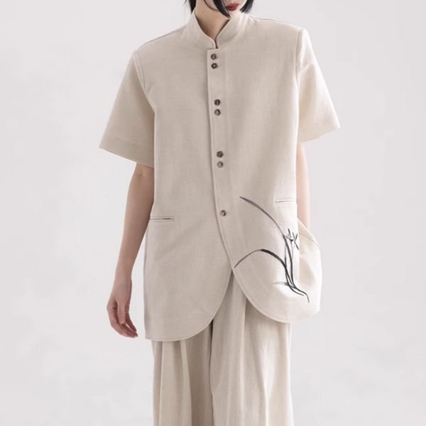 【APOZi】フラワープリントスタンドカラー半袖シャツジャケット WMD43131 - WAMODA