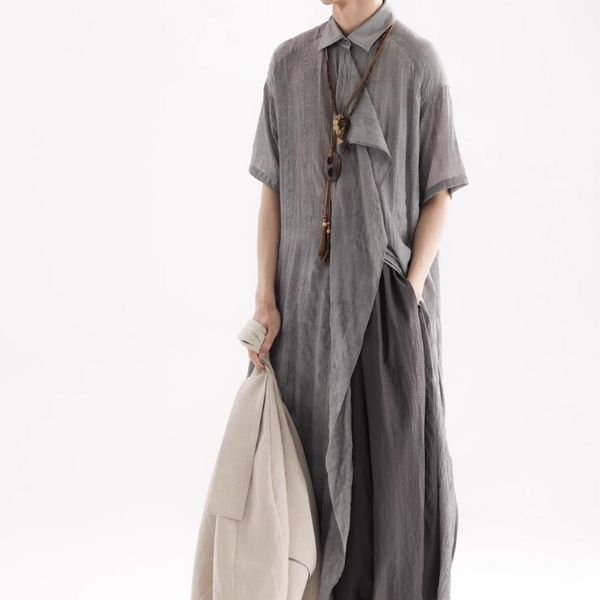 【APOZi】シワ加工ドレープデザインシースルー半袖ロングシャツ WMD43132 - WAMODA
