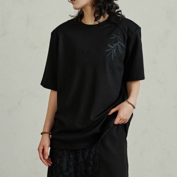 笹の葉刺繍デザインスリーブ半袖オーバーサイズTシャツ WMD3445 - WAMODA