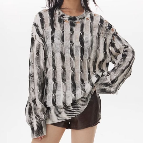 【THELIGHT】ダメージリブモノクロクージー風長袖セーター WMD90004 - WAMODA