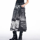 【YehbYahb】 モノクロコラージュプリントデニムロングスカート WMD89006 - WAMODA