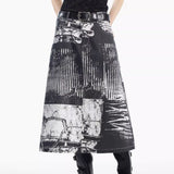 【YehbYahb】 モノクロコラージュプリントデニムロングスカート WMD89006 - WAMODA