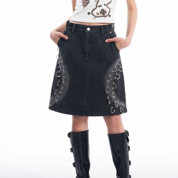 【YehbYahb】 メタルパーツデザインデニムスカート WMD89008 - WAMODA