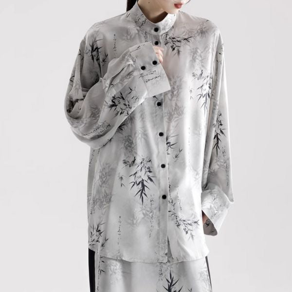 【APOZi】笹の葉プリントスタンドカラーチャイナシャツ WMD43085 - WAMODA