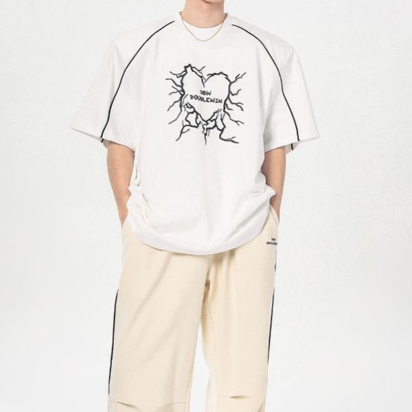 【Doublewin】ハート×ロゴプリントラグランスリーブ5分袖Tシャツ WMD67001 - WAMODA