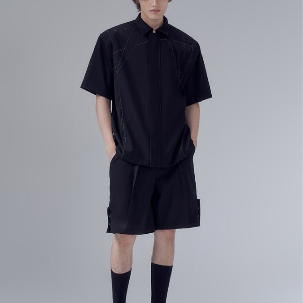 【KOTAE】 バイカラーステッチデザイン半袖コットンシャツ WMD24006 - WAMODA