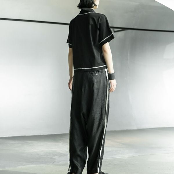 【SIMPLE BLACK】ホワイトラインデザイン襟付きアシンメトリーヘム半袖Tシャツ WMD26006 - WAMODA