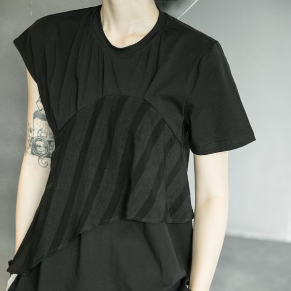 【SIMPLE BLACK】イレギュラーリネンパッチアシンメトリースリーブTシャツ WMD26029 - WAMODA