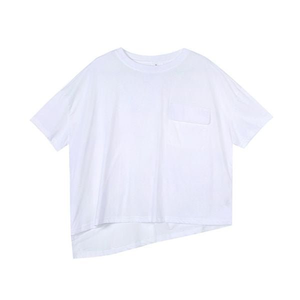 【SIMPLE BLACK】斜めボタンバックデザインアシンメトリー半袖Tシャツ WMD26040 - WAMODA