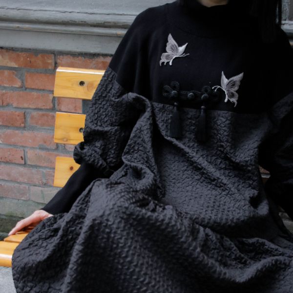 バタフライ刺繡×チャイナボタンドッキングワンピース WMD50005 - WAMODA